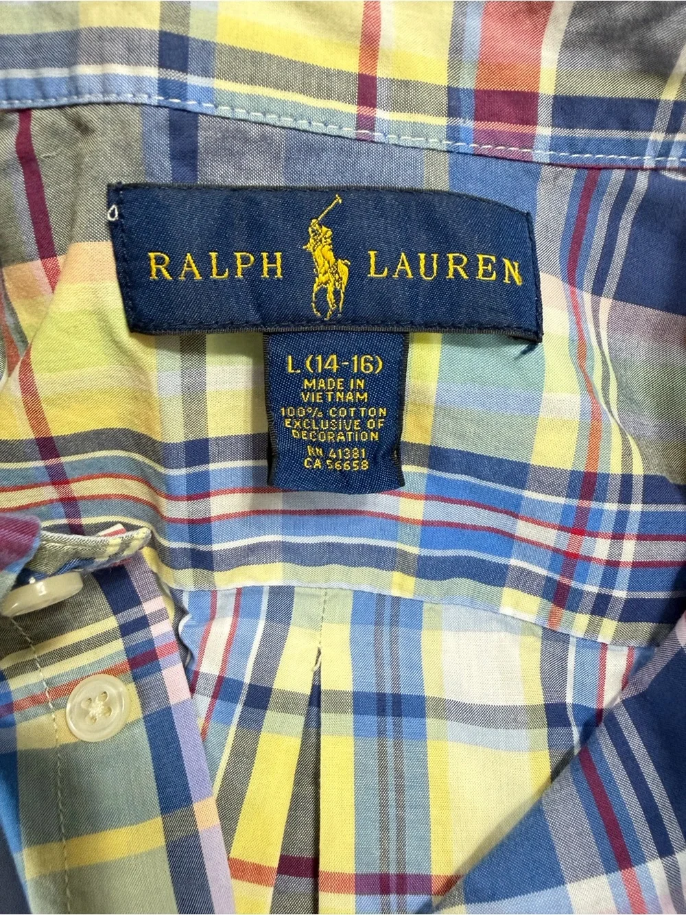 Polo Ralph Lauren Boys L 14-16 Blue Yellow Plaid Button Down Shirt Long Sleeve